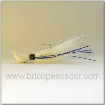Señuelos artesanales. Banana bucktail 42 gr. Blanco tiras azules
