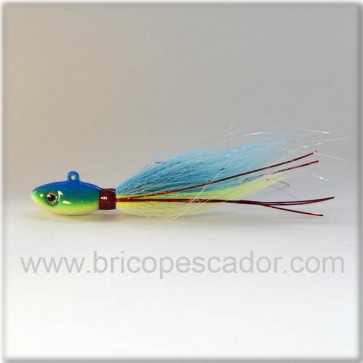 Señuelo artesanal Bullet bucktail 42 gr. azul, amarillo y blanco.