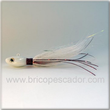 Señuelo artesanal Bullet bucktail 42 gr. blanco tiras rojas.