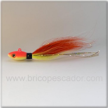 Señuelo artesanal Bullet bucktail 56 gr. naranja, amarillo y blanco.