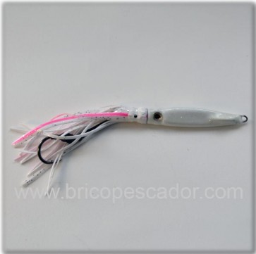 Señuelo artesanal Calamar jig 56 gr. blanco con brillos.