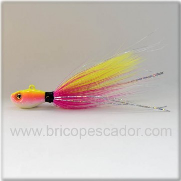 Señuelo artesanal Minnow bucktail 42 gr. amarillo, rosa y blanco.