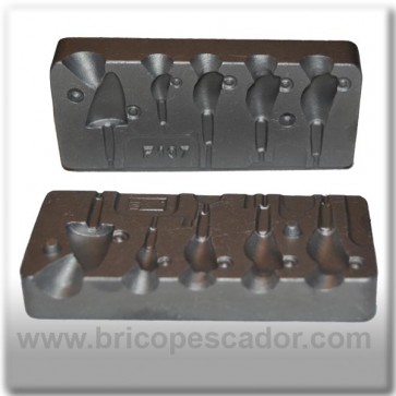 Molde de aluminio para plomo. 4 Banana Jig y cabeza de pez 3, 10, 14, 16 y 18 gramos.